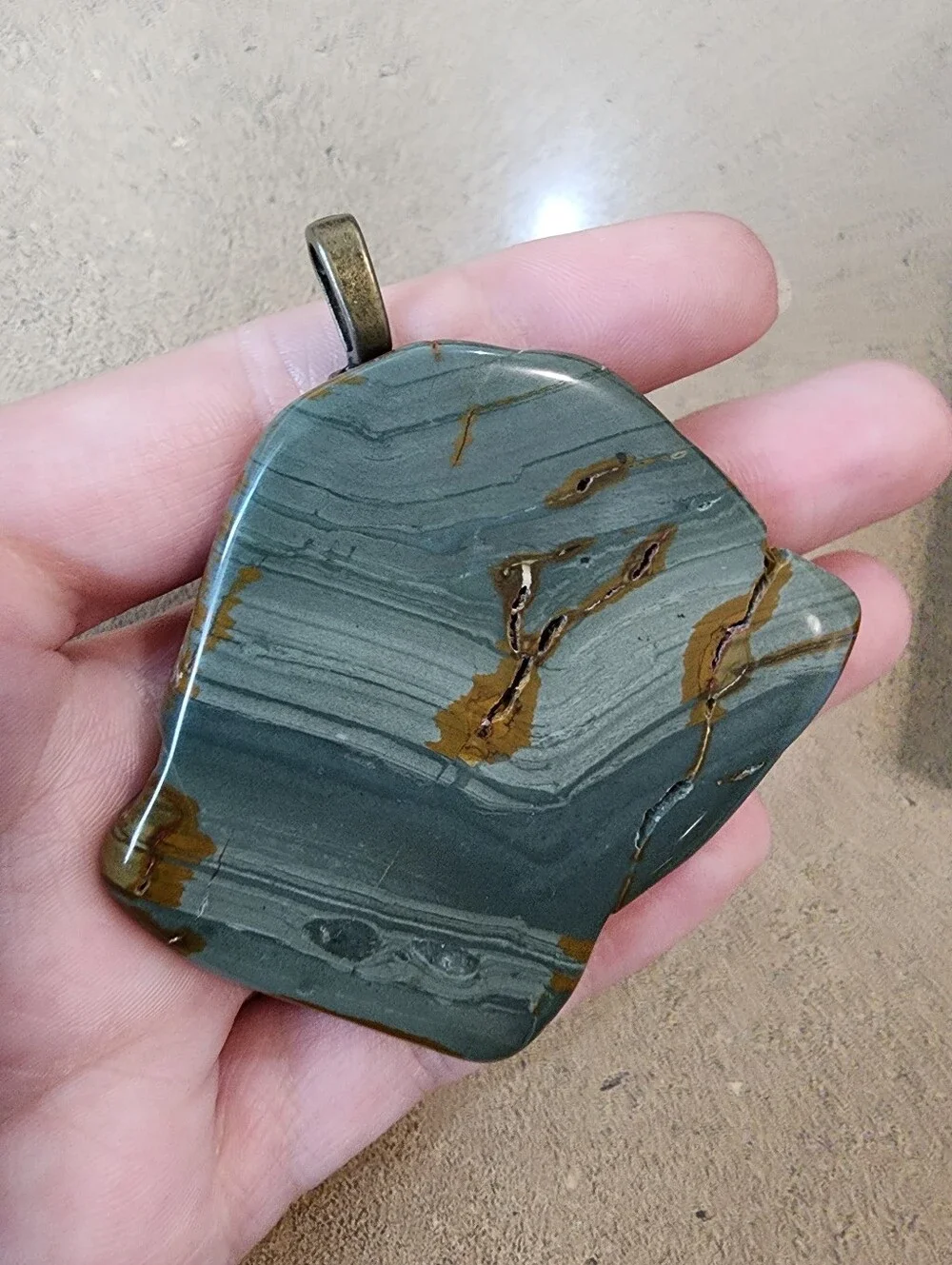 Polished Stone Pendant in Green and Brown